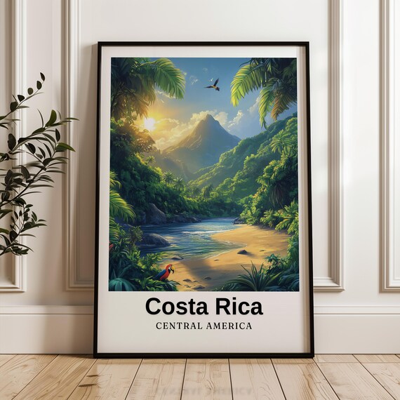 Costa Rica Central America Jungle River Volcano Travel Poster