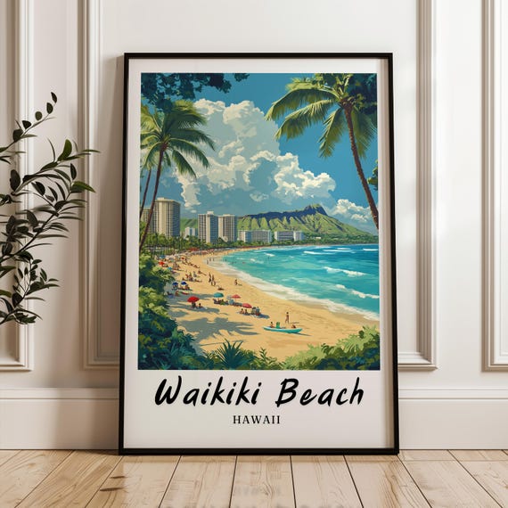 Waikiki Beach Hawaii Wall Art Prints Travel Poster Print Wall Art Print Gift Minimalist North America Poster Hawaii Poster