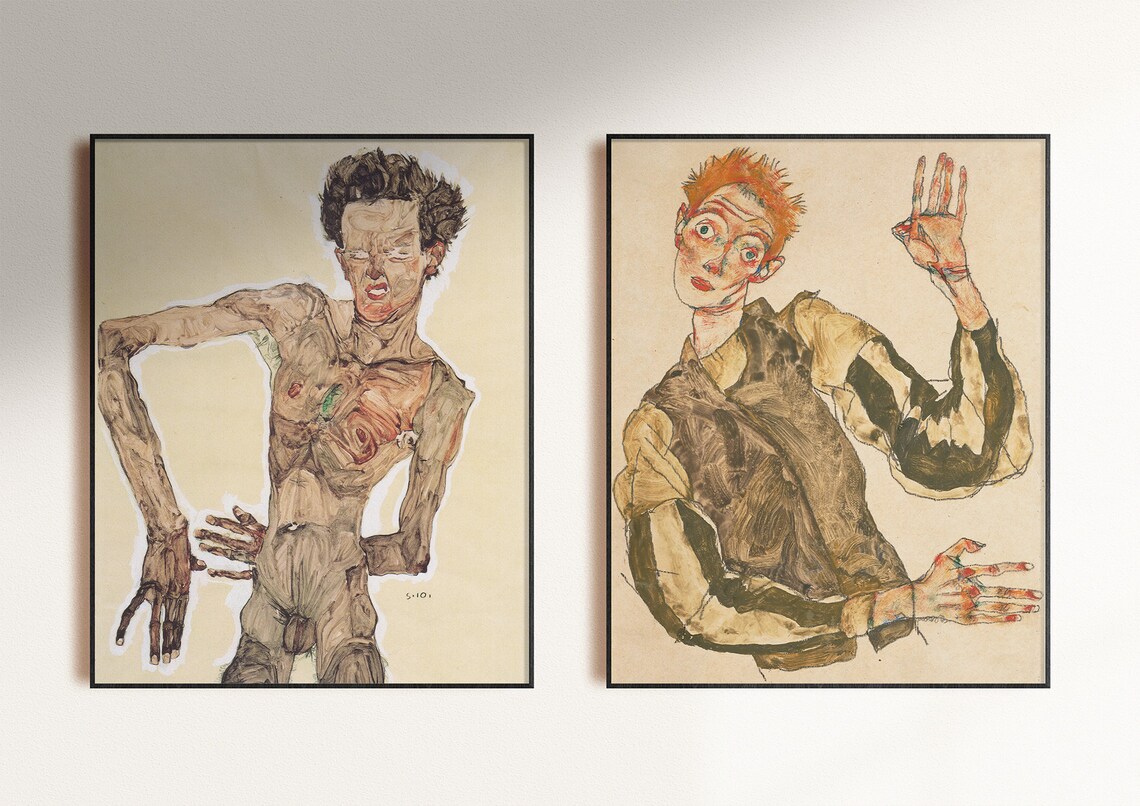 Egon Schiele Expressionist Figure Drawings Set Of Two Vintage Poster