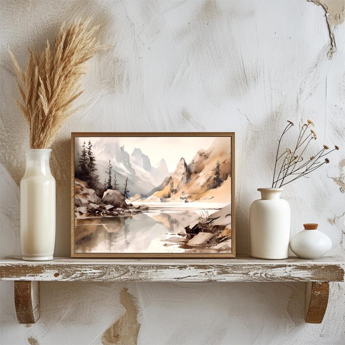 Neutral Mountain Lake with Snowy Peaks Watercolor Landscape Poster - Image 2