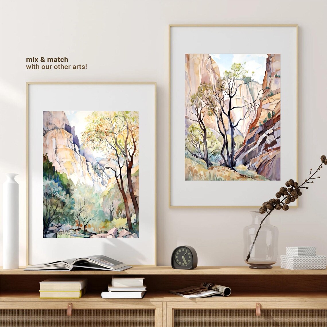 Zion Canyon Towering Sandstone Cliffs and Autumn Trees Watercolor Poster - Image 3