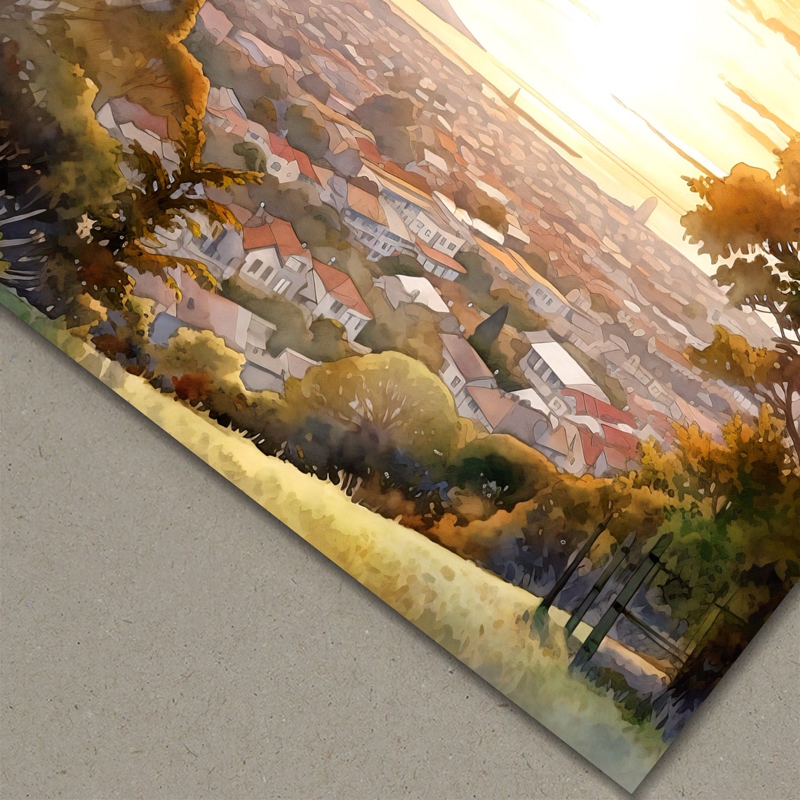 Hilltop Sunset View Overlooking a Sleepy Town Watercolor Poster - Image 3