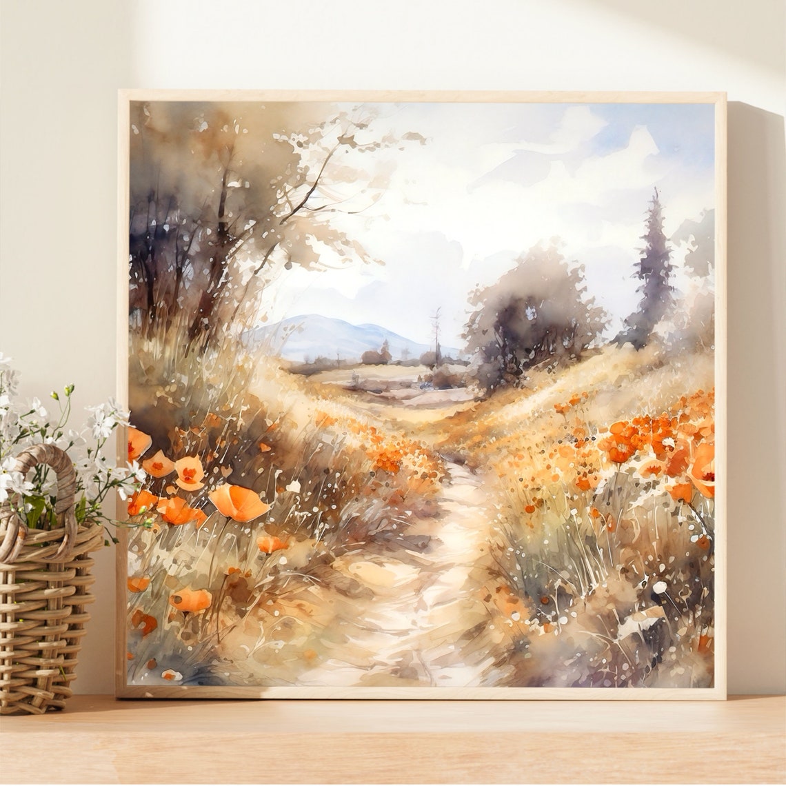 Orange Poppy Hillside Trail Summer Watercolor Nature Art Poster - Image 2