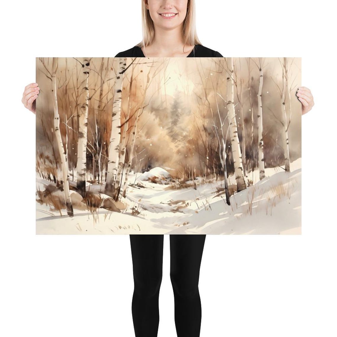 Birch Forest Snow Golden Winter Light Trees Watercolor Art Poster - Image 5