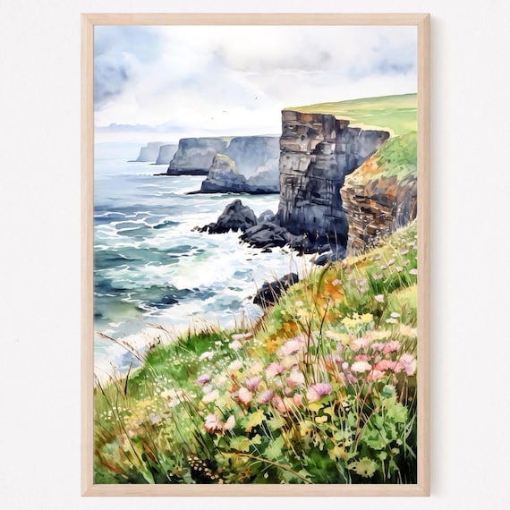 Irish Cliffside Scene Watercolor Art Print, Home Decor