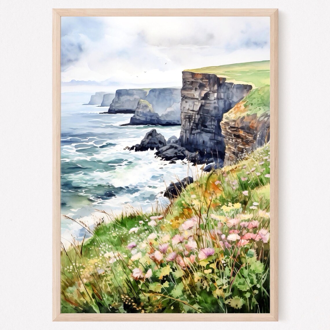 Irish Cliffside Scene Watercolor Art Print, Home Decor