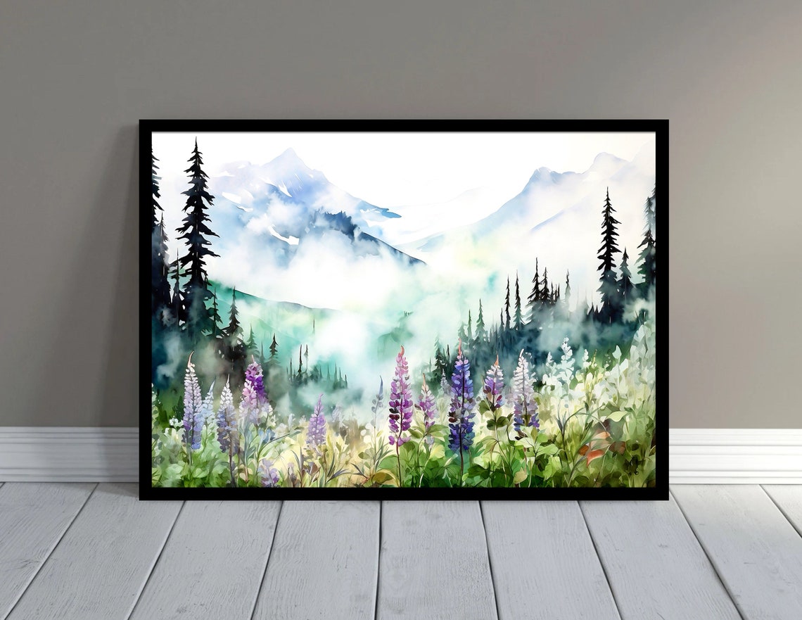 Misty Blue Mountain Peaks Purple Lupine Meadow Watercolor Poster - Image 2