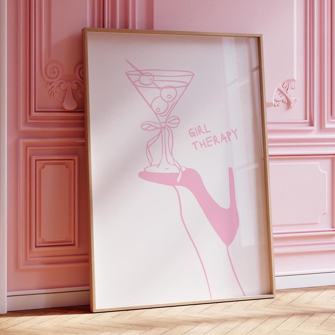 Girl Therapy Pink Martini Line Art Girly Cocktail Wall Poster