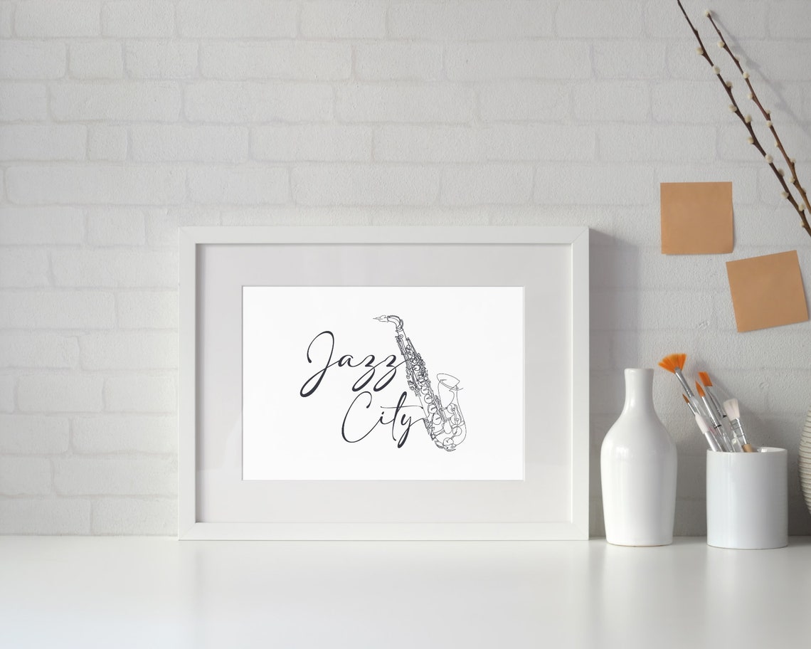 Jazz City Saxophone Line Art Script Music Lover Minimalist Wall Poster