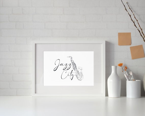 Jazz City Saxophone Script Minimalist Black White Music Poster