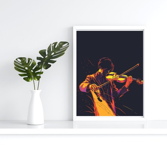Violinist Neon Orange Dramatic Concert Stage Musician Portrait Poster