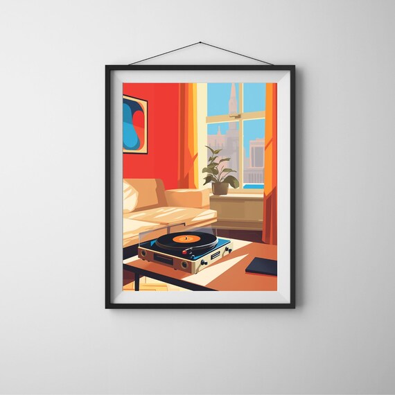 Retro Vinyl Record Player Living Room Orange Window Illustration Poster