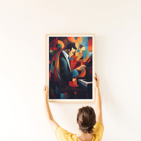 Man Playing Piano Painting Musical Instrument Home Decor Music Guitar