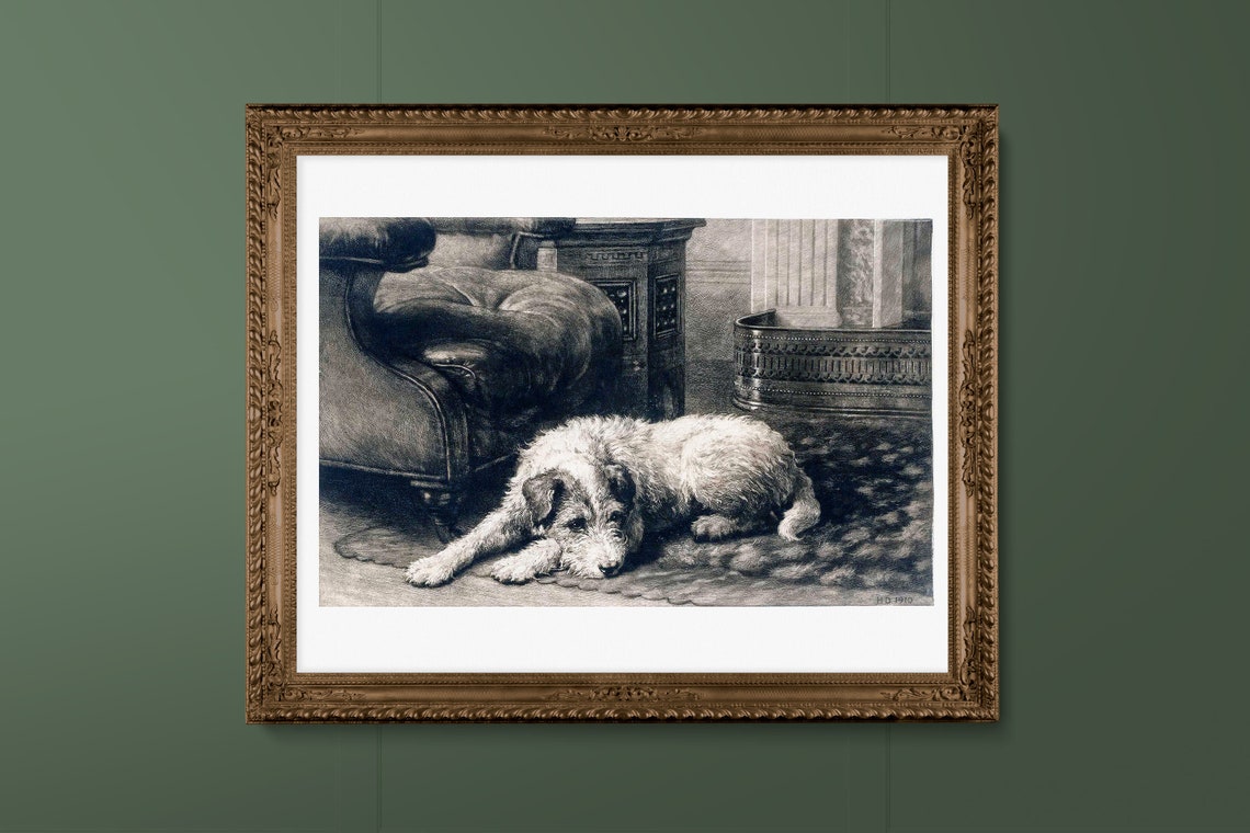 Antique Terrier Dog by Fireplace Etching 1910 Vintage Dog Art Print - Image 2