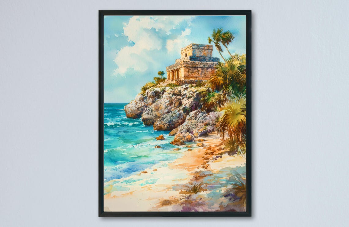 Tulum Mexico Mayan Temple Cliffs Caribbean Watercolor Travel Poster