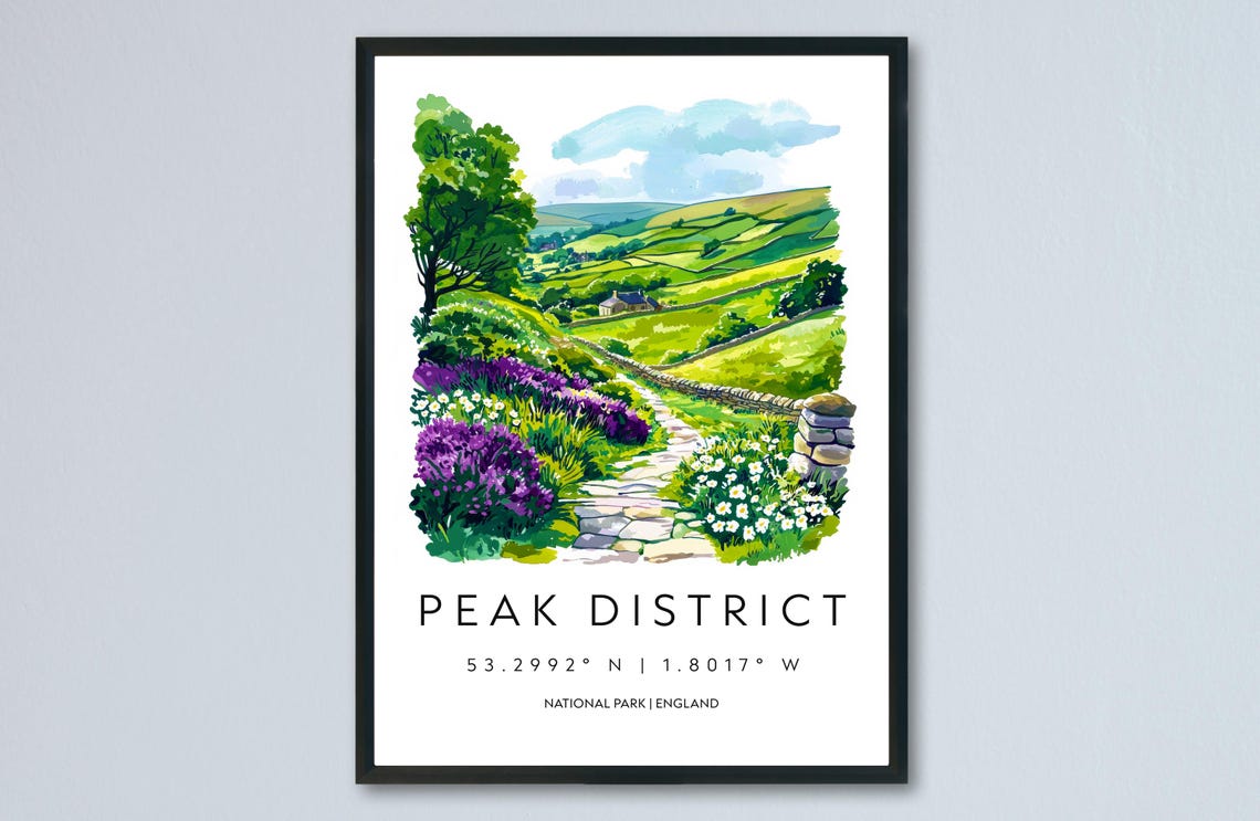 Peak District England Watercolor Stone Path Green Hills Poster