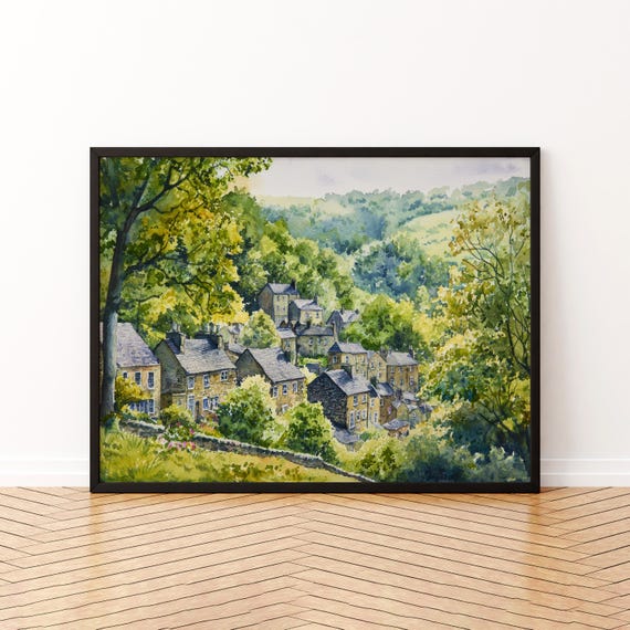 Hebden Bridge England Watercolor Poster Travel Print Yorkshire Town Painting Canal Wall Art Uk Decor Souvenir