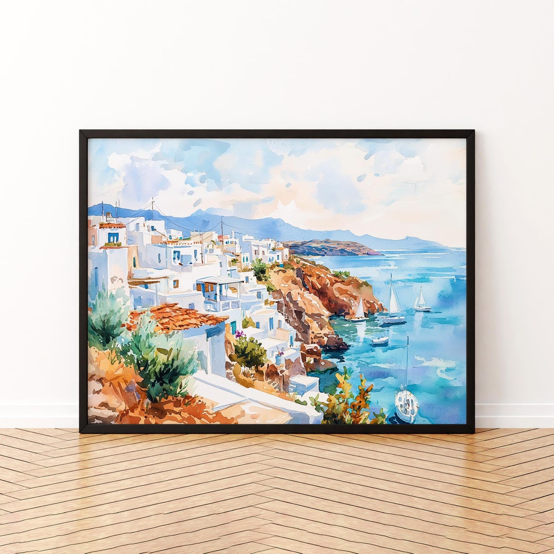 Milos Greek Island Whitewashed Village Harbor Watercolor Poster