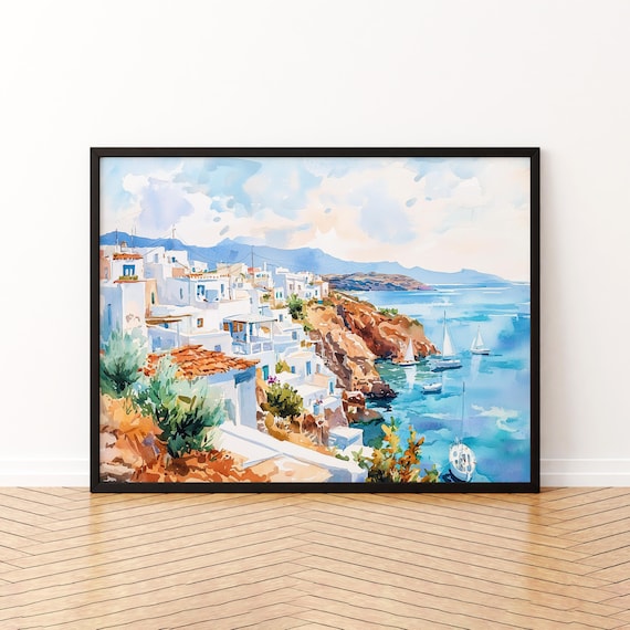 Milos Greek Island Whitewashed Village Harbor Watercolor Poster