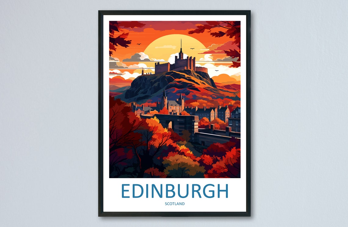 Edinburgh Scotland Castle Autumn Sunset Illustrated Travel Poster