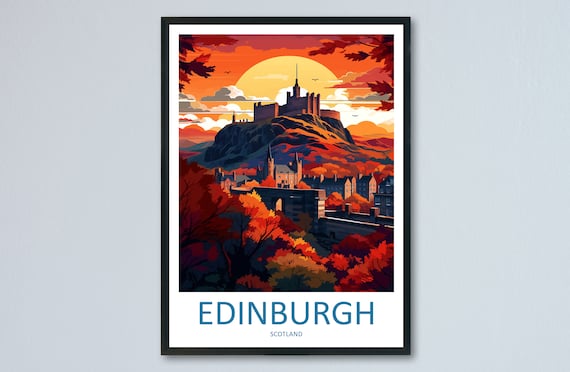 Edinburgh Scotland Castle Autumn Sunset Illustrated Travel Poster