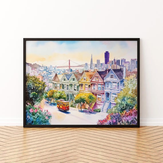 San Francisco Watercolor Travel Poster, City Skyline