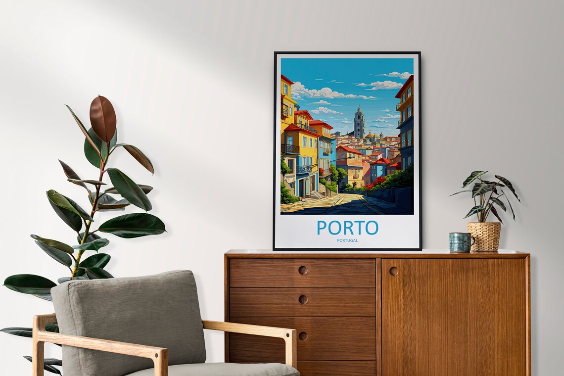 Porto Portugal Colorful Hillside Street Old Town Travel Poster - Image 2