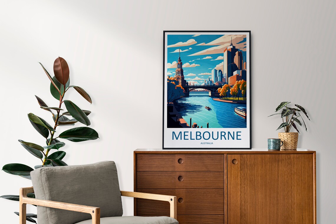 Melbourne Australia Yarra River City Skyline Retro Style Travel Poster - Image 2