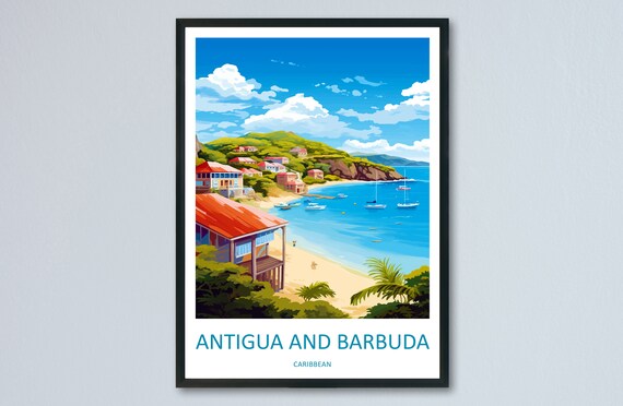Antigua And Barbuda Caribbean Beach Village Vintage Travel Poster