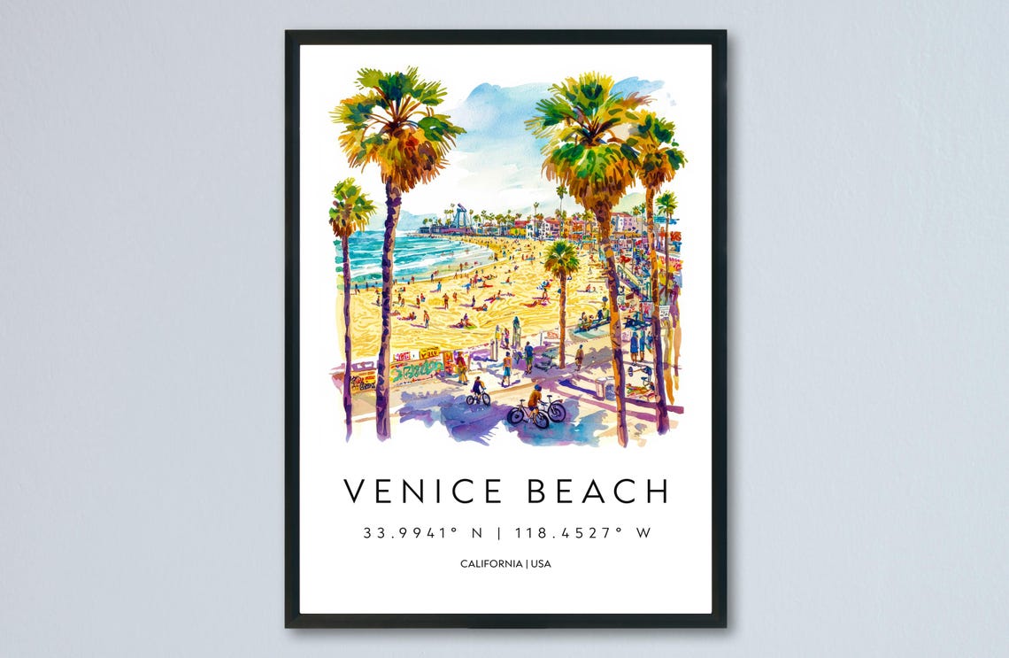 Venice Beach California Boardwalk Palms Watercolor Travel Poster