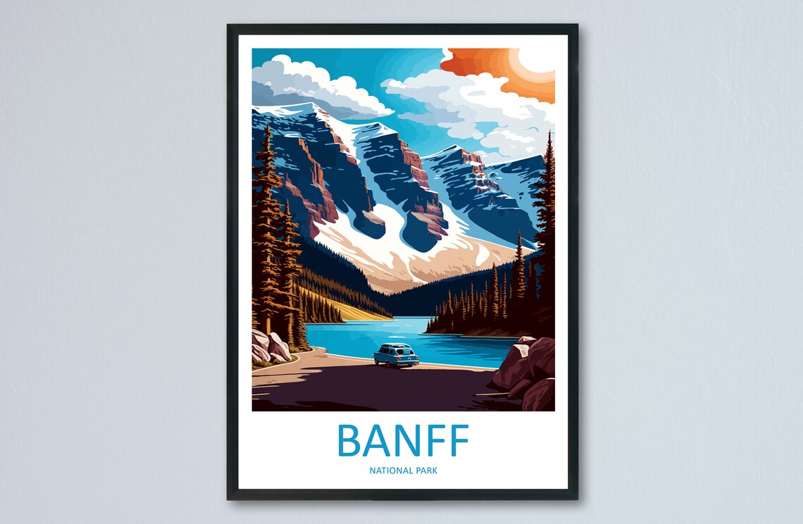 Banff National Park Canada Travel Poster with Peaks and a Vintage Car