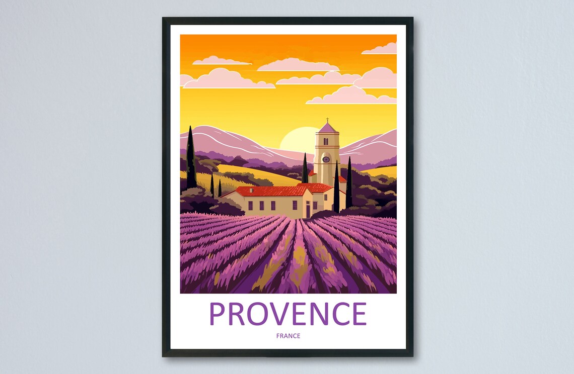 Provence France Lavender Fields with Church at Sunset Travel Poster