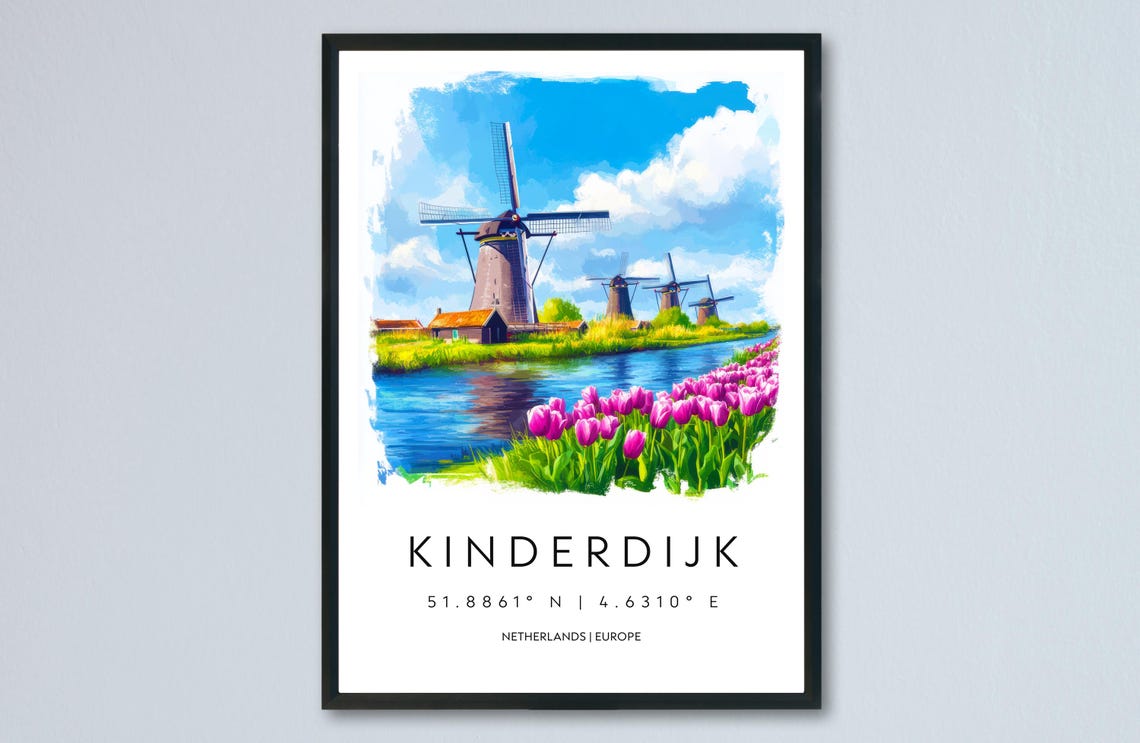 Kinderdijk Netherlands Windmills Tulips Canal Watercolor Travel Poster