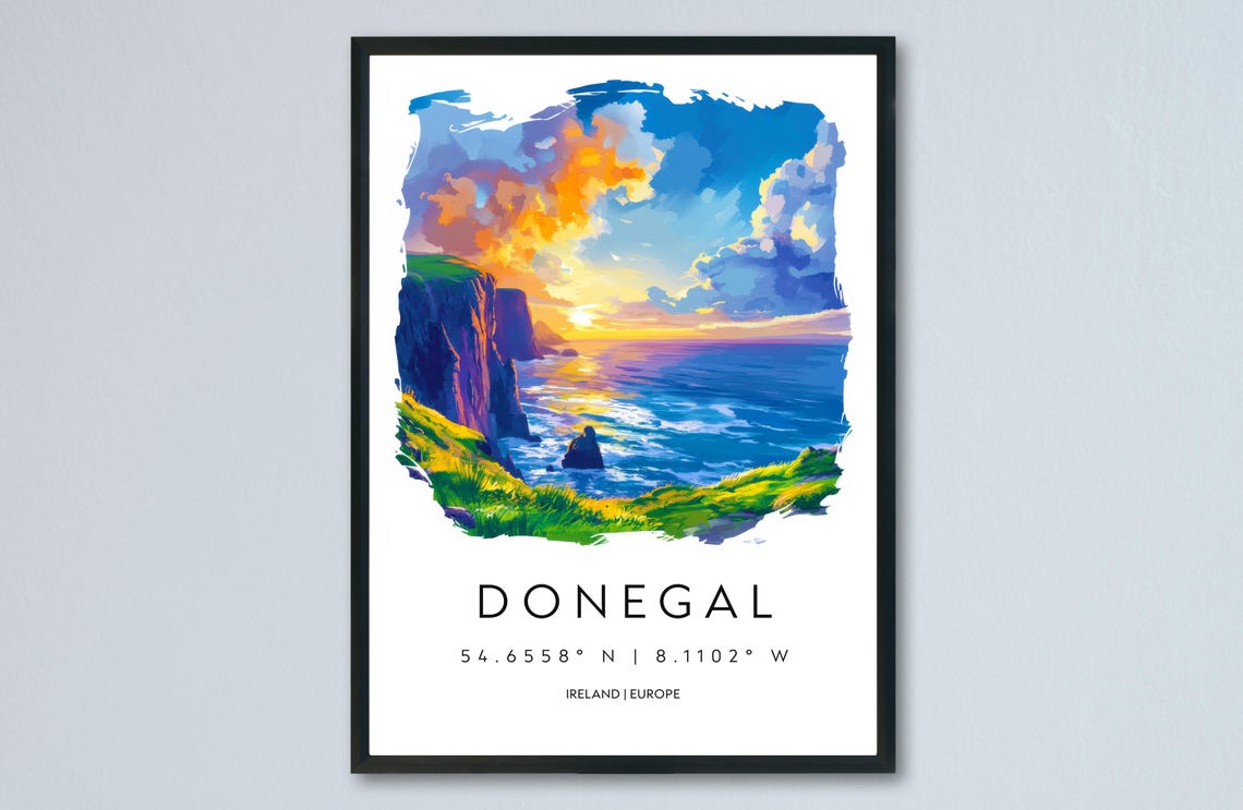 Donegal Ireland Rugged Sea Cliffs Sunset Watercolor Seascape Poster