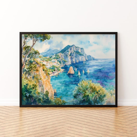 Capri Italy Coastline Cliffs Sailboats Mediterranean Watercolor Poster