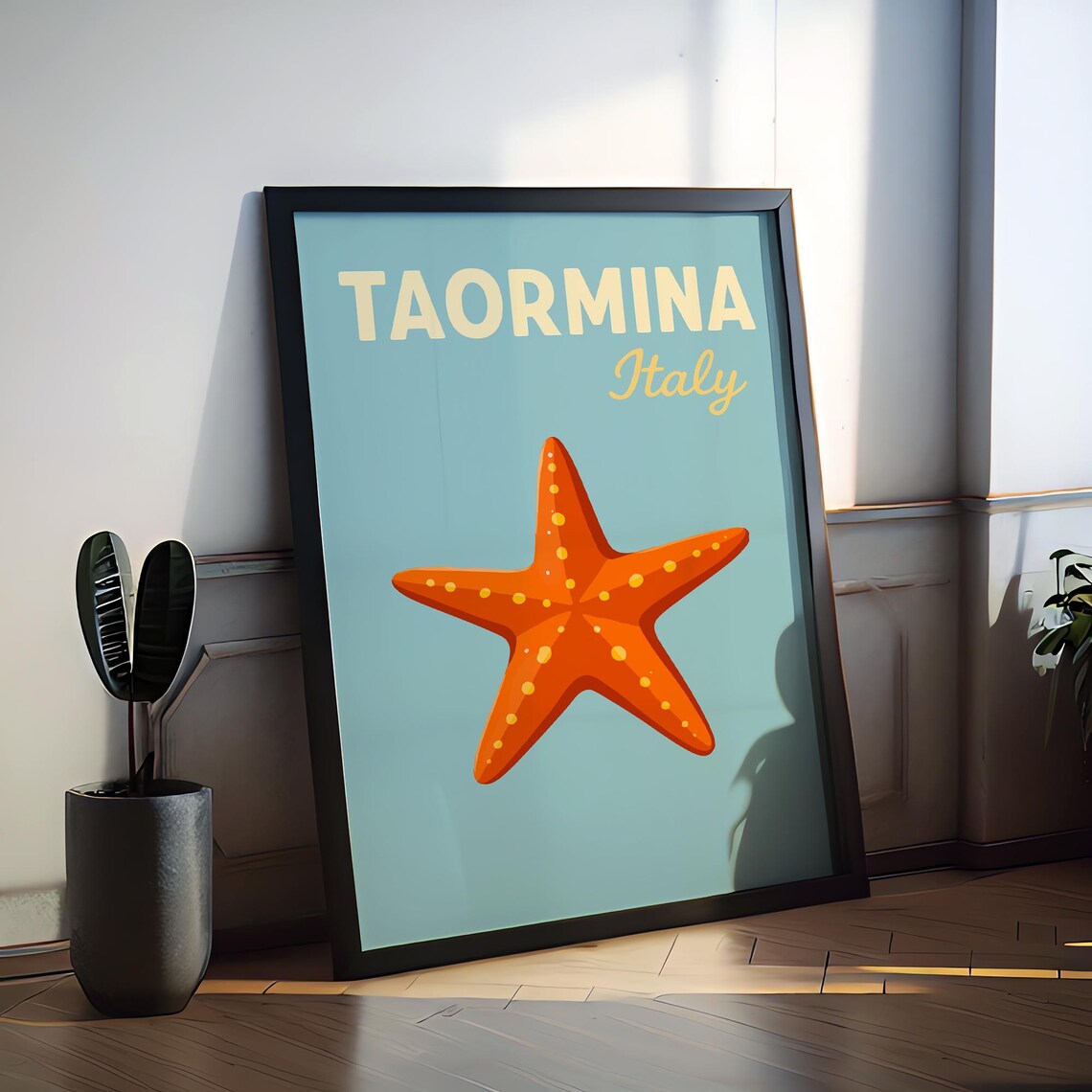 Taormina Italy Retro Travel Poster Orange Starfish Minimal Pop Art