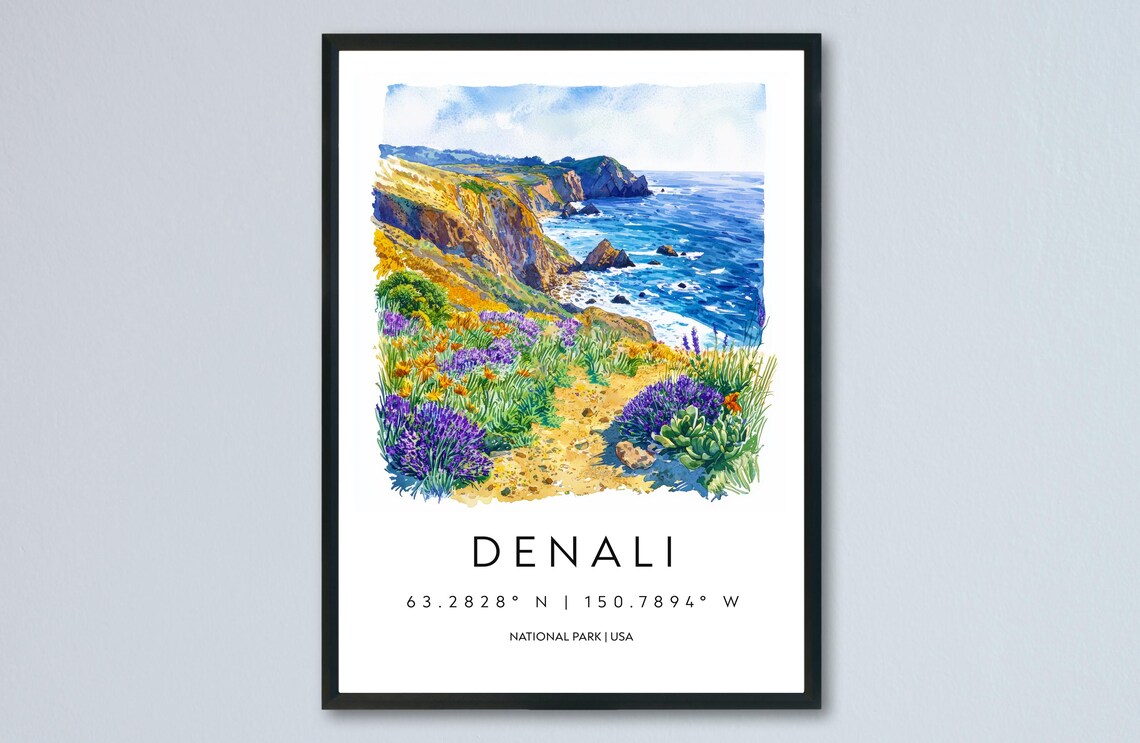 Denali Alaska Watercolor Coastal Cliffs Wildflowers Ocean Wilderness Poster