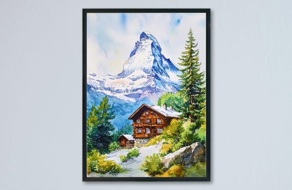 Zermatt Watercolor Travel Poster, Switzerland Wall Art