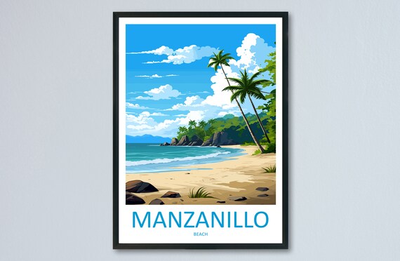 Manzanillo Beach Costa Rica Sandy Shore Palms Vintage Travel Poster