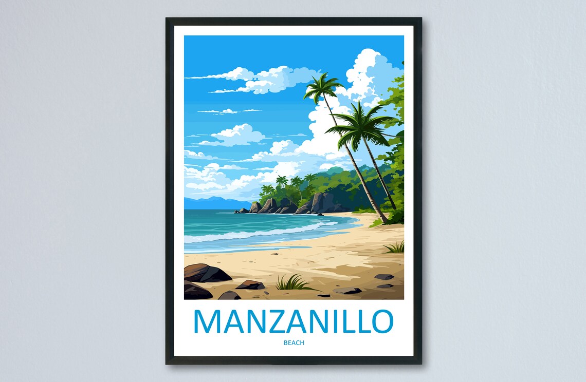Manzanillo Beach Costa Rica Sandy Shore Palms Vintage Travel Poster