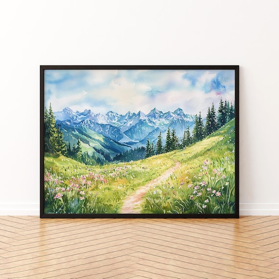 Stoos Watercolor Poster Alpine Meadow Mountain Wildflower Path