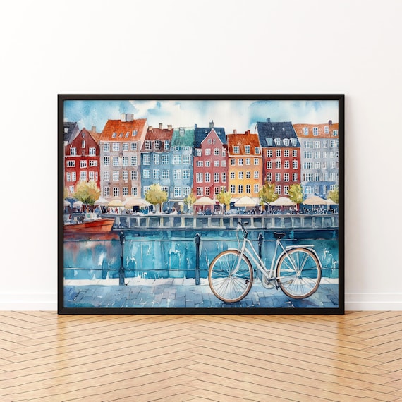 Copenhagen Nyhavn Colorful Harbor with Bicycle Watercolor Poster