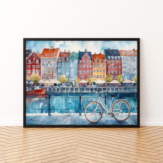 Copenhagen Watercolor Poster Landscape Wall Art Hanging Home Dcor Gift Lovers Denmark