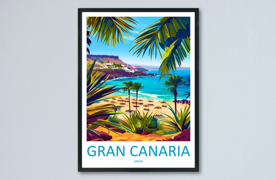 Gran Canaria Spain Tropical Beach Palms Sunny Holiday Travel Poster