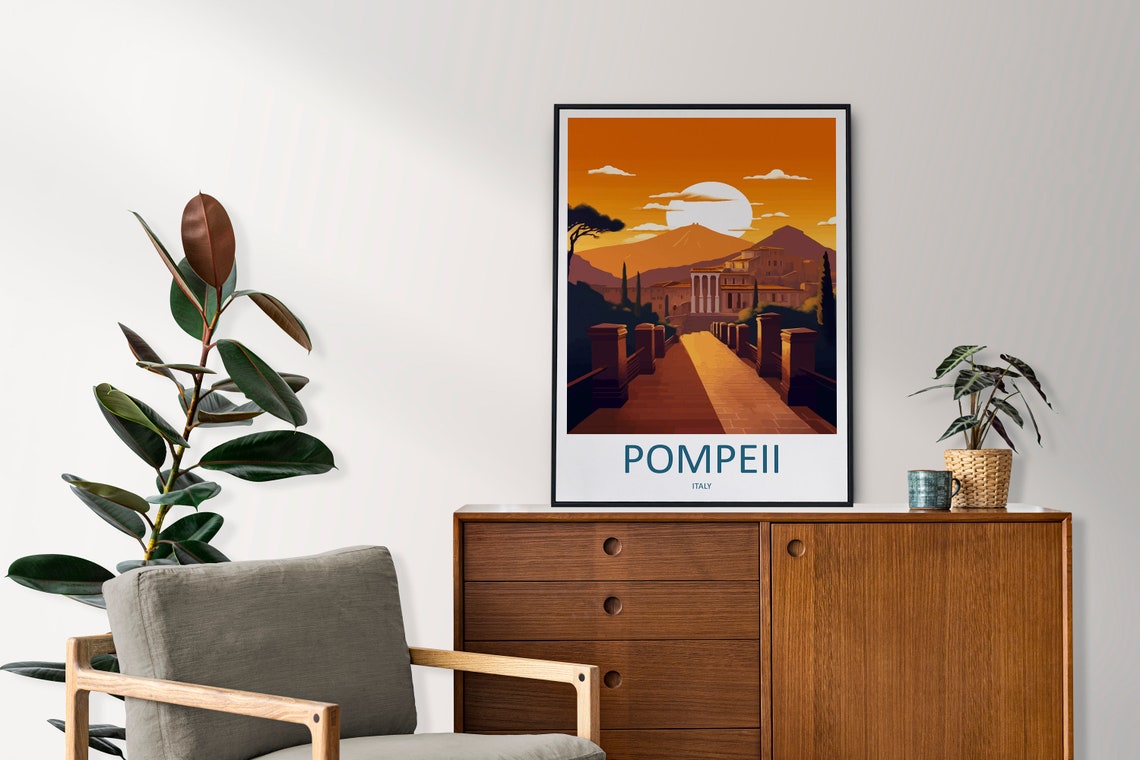 Pompeii Italy Mount Vesuvius Sunset Over Ruins Vintage Poster - Image 2