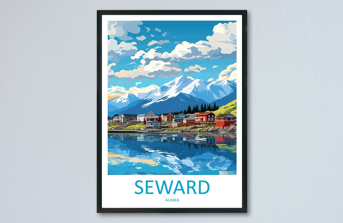 Seward Alaska Waterfront Town Snowy Peaks Harbor Travel Poster