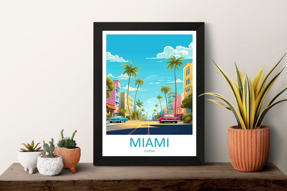 Miami Florida Palm Lined Boulevard Colorful City Travel Poster - Image 3