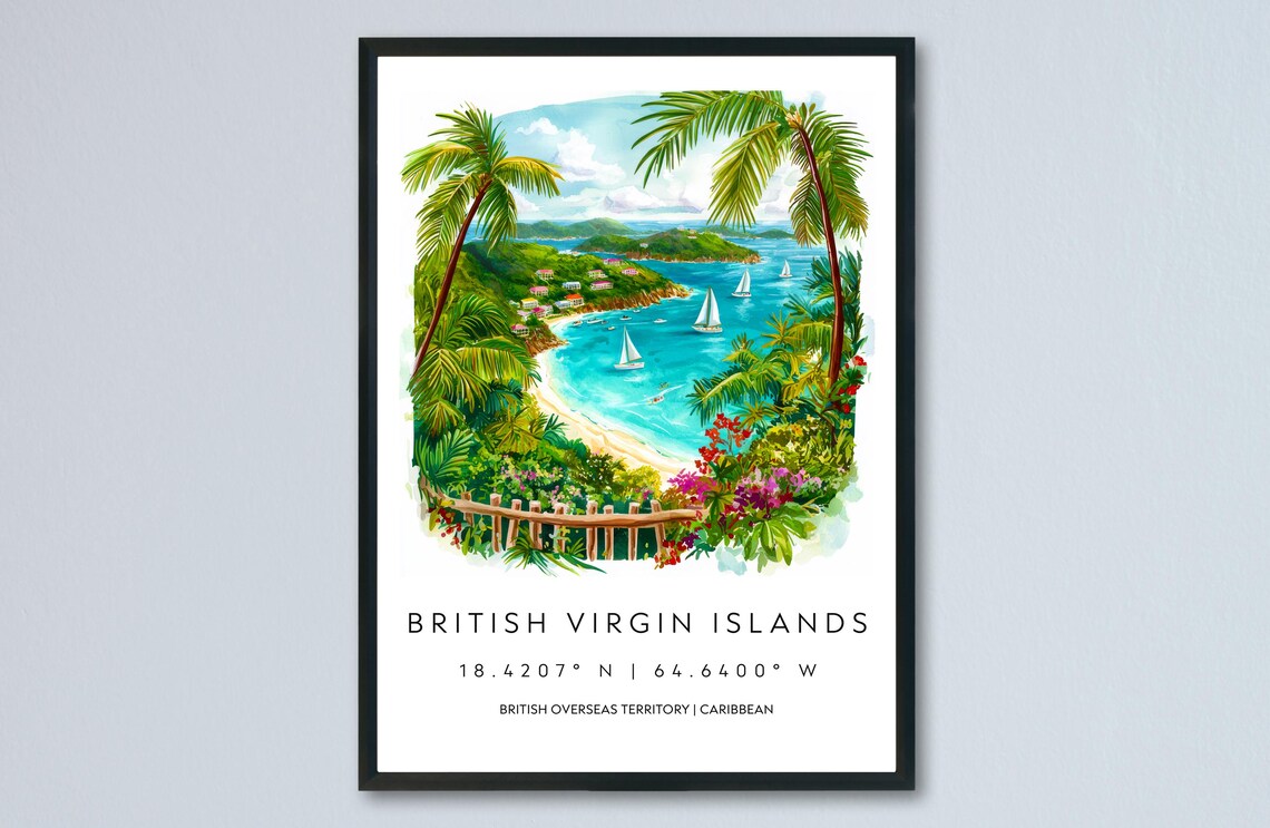 British Virgin Islands Caribbean Beach Sailboats Watercolor Poster