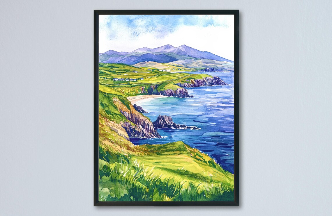 Ring of Kerry Green Coastal Cliffs Ocean Views Watercolor Poster