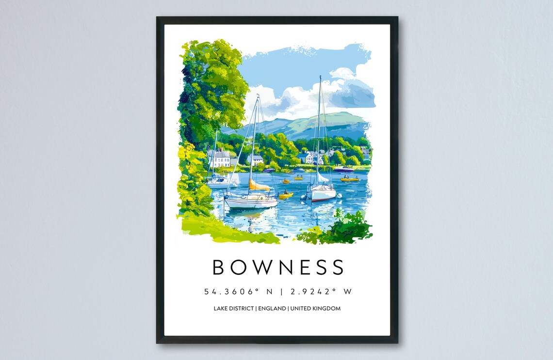 Bowness Windermere Sailboats Lakeside Town Watercolor Poster